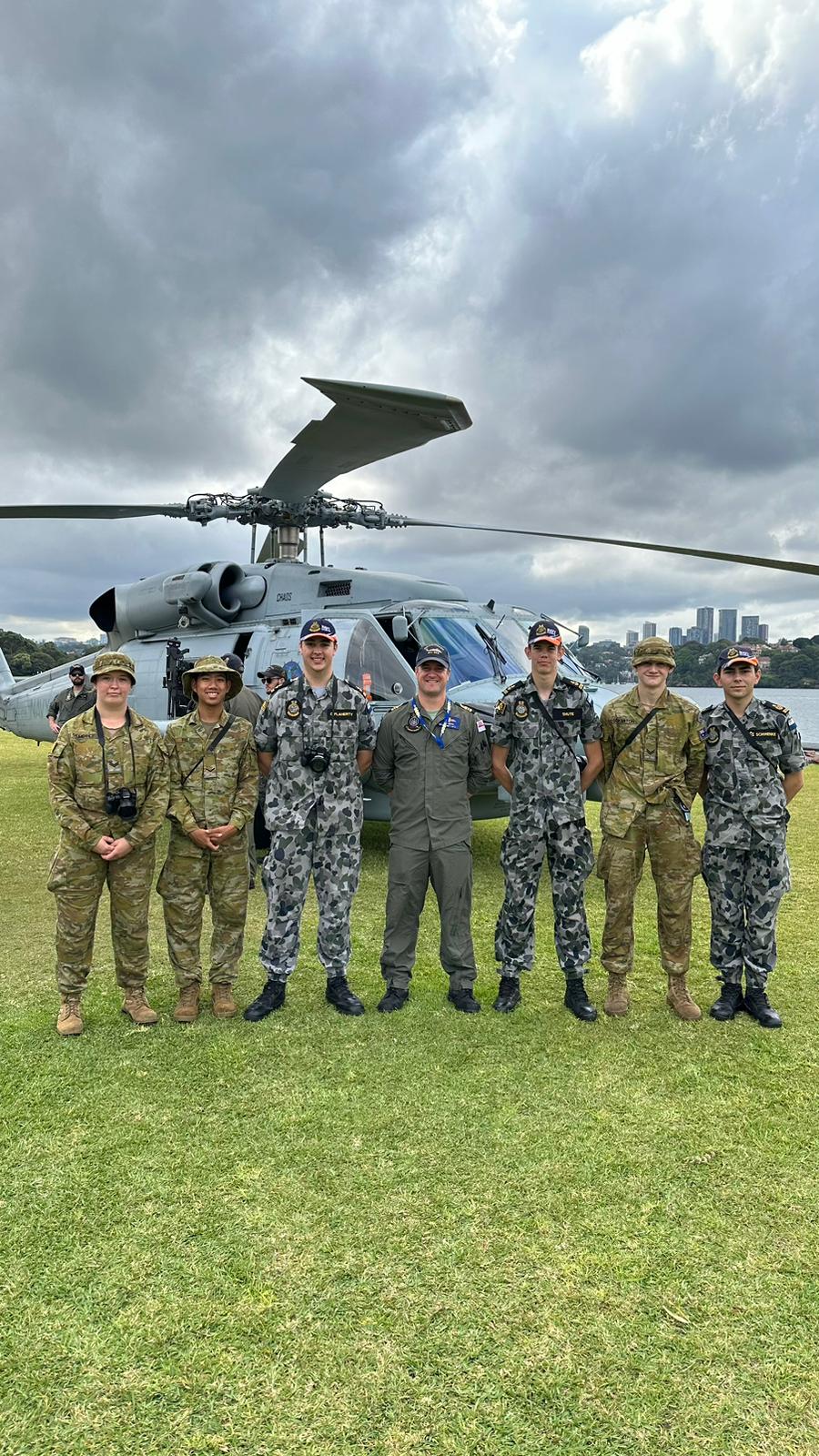 Navy and Army Cadets with Royal Australian Navy Pilot and Sea Hawke helicopter on Cockatoo Island